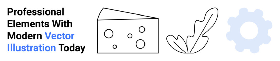 Cheese slice with holes, stylized leaf, and gear icon. Ideal for food graphics, eco themes, technology concepts, creativity, branding, product development flat landing page banner