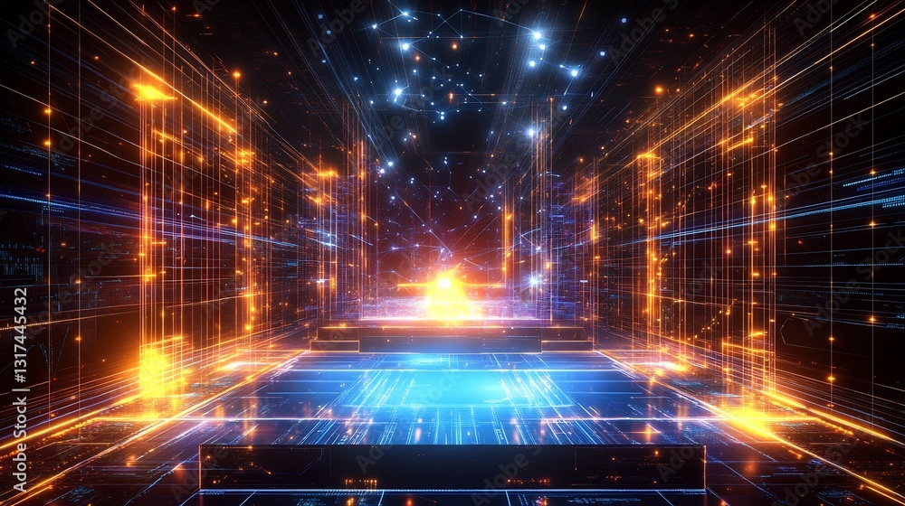 Poster events visualized glowing holographic stages surrounded radiant abstract data streams