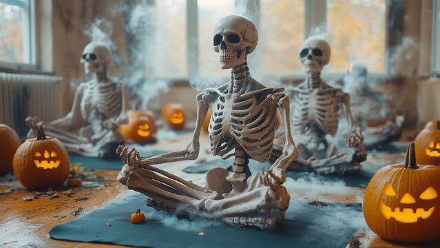 Skeletons practicing yoga poses in a spooky, fun setting. Ideal for Halloween event flyers, social media campaigns, or spooky wellness promotions. gyms, yoga studio, 