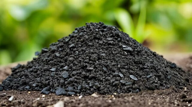 Pile of black soil enriched with nutrients in a garden setting at midday