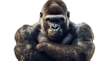 Powerful gorilla beating its chest with strong arms isolated on a transparent background 