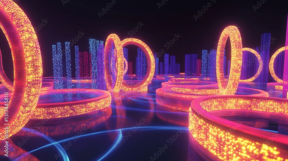 Poster Feedback loops visualized interconnected glowing rings forming seamless flow in a vibrant 3D environment