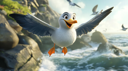Cartoon gull flying bird vector illustration.