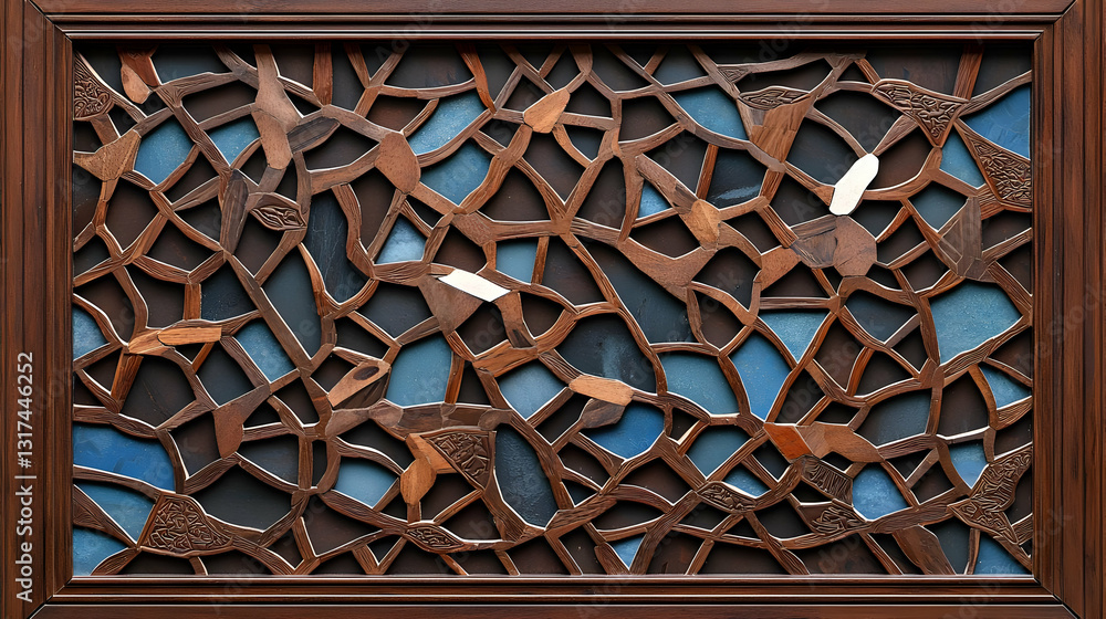 Poster abstract mosaic art with blue and brown wood fragments in a rectangular frame showcasing intricate g