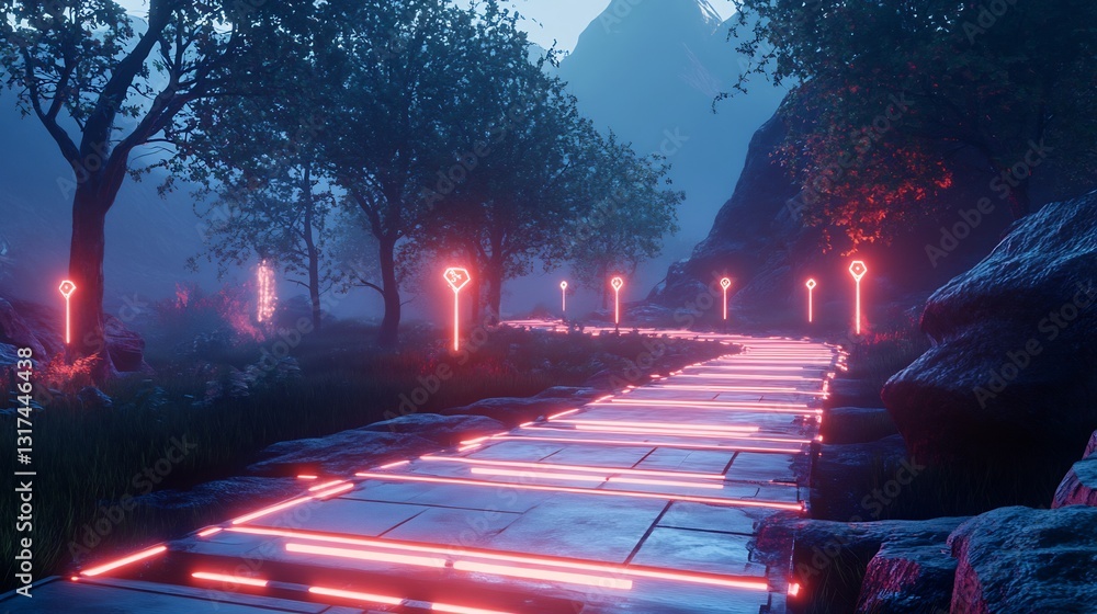 Poster goals visualized radiant checkpoints along glowing pathway in a futuristic outdoor setting
