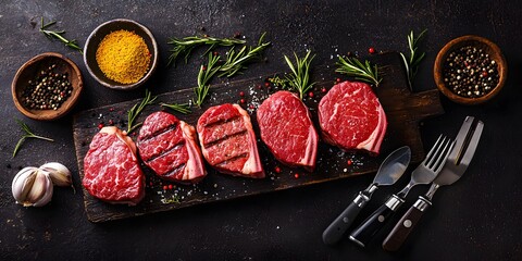 Juicy cuts of red meat displayed on a rustic wooden board with herbs and spices creating an inviting culinary arrangement