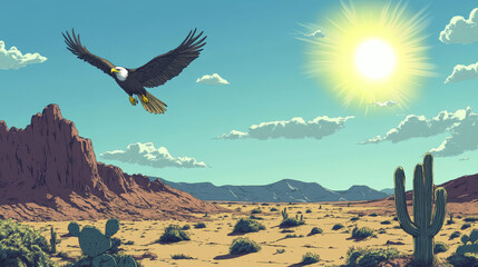 American wild west desert, hot prairie landscape background nature banner cartoon vector illustration. Concept lifeless wilderness, eagle flies in sky. Cactus opuntia live plant, bright sun.