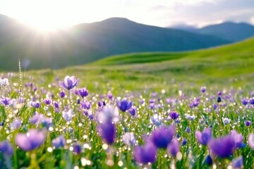 Fototapeta premium Dewdrop-covered meadow at sunrise showcasing fresh green grass and radiant wildflowers illuminated by golden morning light