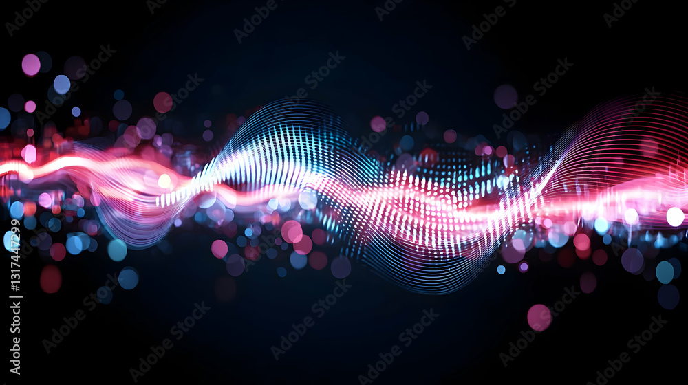 Poster abstract background with flowing wave of light particles in pink and blue on dark background