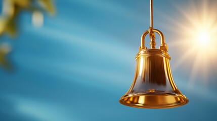 Glimmering Golden Bell Hanging Against a Bright Blue Sky Background
