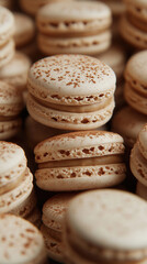 Fototapeta premium Delicious off-white macarons stacked neatly with a light brown filling and a touch of coffee dusting for added flavor