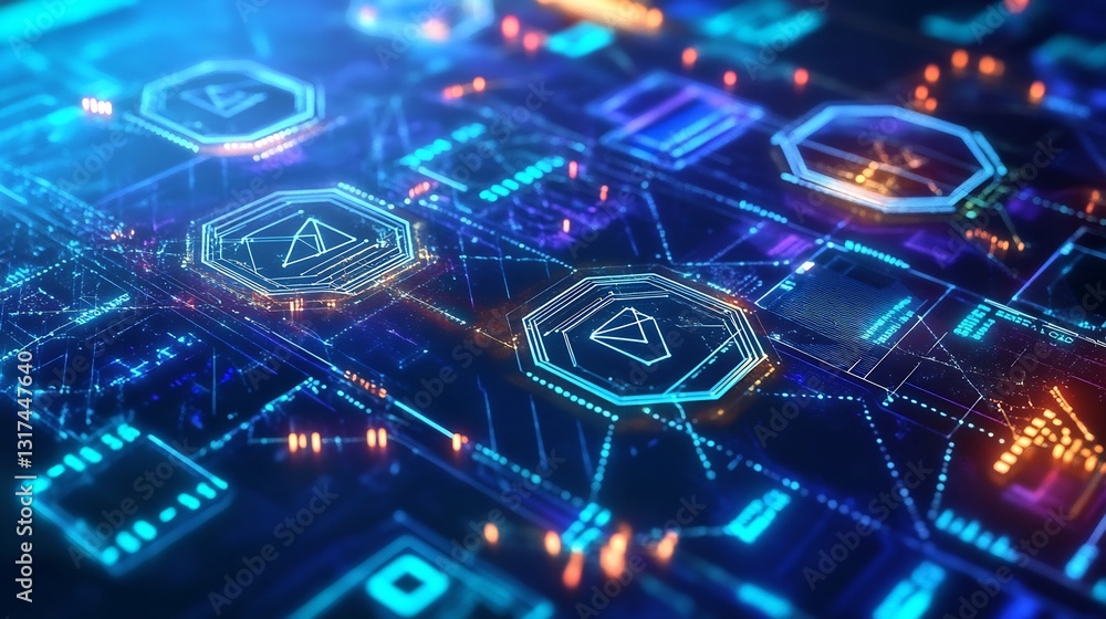Poster Highdetail rendering of blockchain finance showcasing interconnected geometric form representing decentralized system