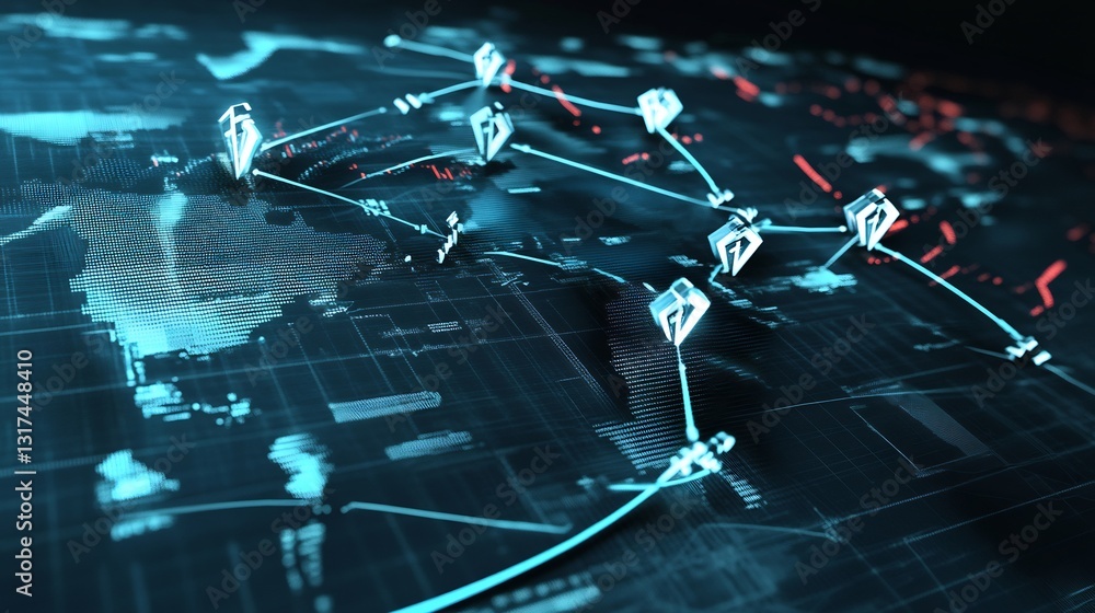 Poster Highdetail rendering of forex trading featuring interconnected arrow symbolic nodes representing global currency exchanges
