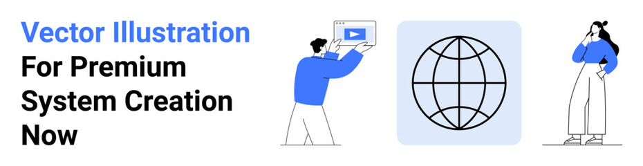 Man holding tablet with play button, woman analyzing, global globe grid. Ideal for technology, education, digital media, connectivity, teamwork, innovation flat landing page banner