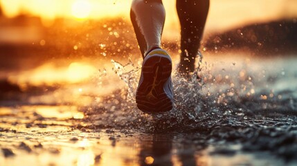 Silhouetted runner splashing through serene waters at the sun's golden hours