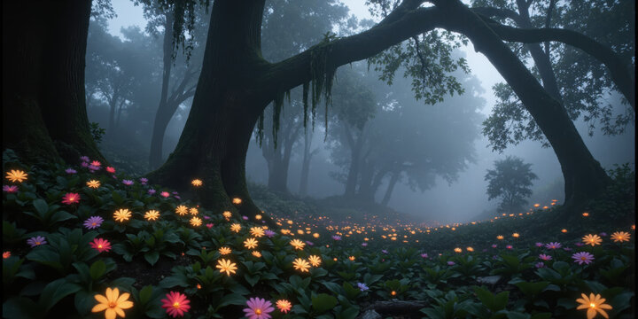 Whimsical Fairytale Flowers in a Misty Forest A whimsical, fairytale-inspired scene featuring colorful flowers that appear to glow