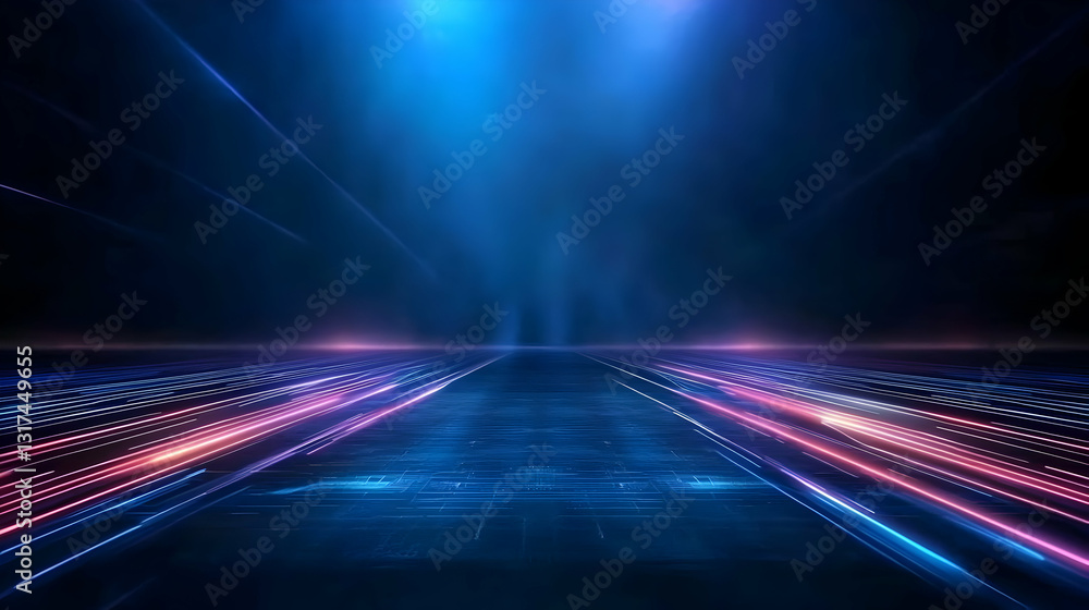Poster empty futuristic stage with blue and pink neon lights reflecting on a textured floor in a dark abstr