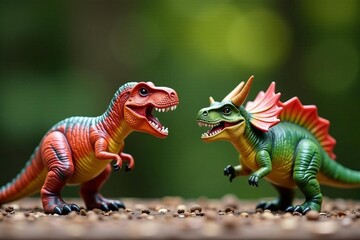 Obraz premium Happy dinosaur fan holding small toy T-rex and triceratops figurines, children, dinosaur lover