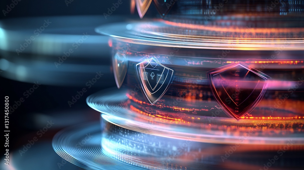 Poster Highdetail visualization of consumer trust showcasing abstract shields interconnected layers reliability and security