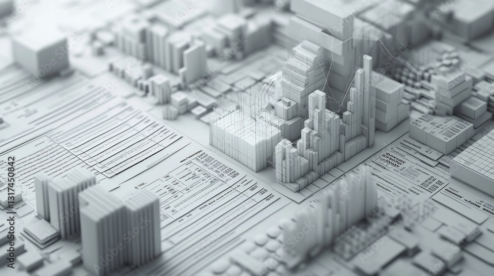 Poster Highdetail visualization of balance sheets interlocking geometric shapes representing assets liabilities equity