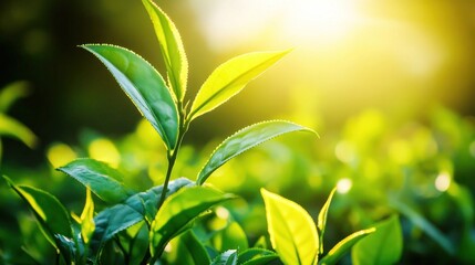 Obraz premium Sunlit Tea Leaves: Fresh Growth in a Verdant Plantation with Natural Light