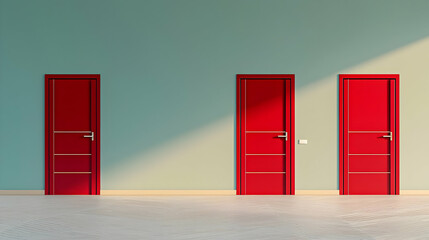 Three Red Doors on a Teal Wall in a Corridor with Sunlight and Shadows Minimalist Interior Design