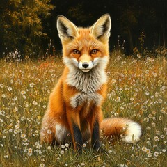 Obraz premium A young red fox sitting in a field of wildflowers.