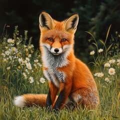 Fototapeta premium A young red fox sitting in a field of wildflowers.