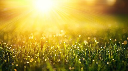 Sun rays through morning dew on grass