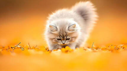 Fluffy kitten exploring autumn leaves in a park; perfect for pet, autumn, or nature themed projects