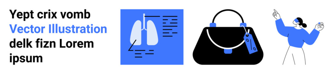 Lungs diagram over medical chart, trendy handbag with tag, abstract woman gesturing energetically. Ideal for fashion, health, shopping, lifestyle, wellness, education modern design flat landing page