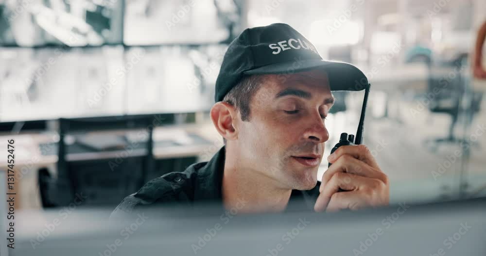 Poster Man, security guard and radio with surveillance check for safety monitoring or response in building. Male person, CCTV operator or mall cop with speaker for coverage signal, footage or observation