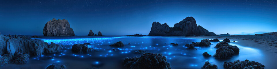 Obraz premium Dramatic coastal scene with glowing blue bioluminescent waves illuminating rocky shoreline beneath starry night sky with Milky Way. Generative AI fairy tale landscape 
