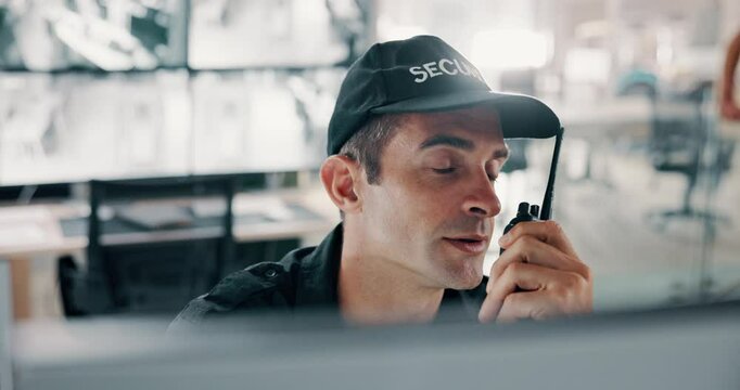 Man, security guard and radio with surveillance check for safety monitoring or response in building. Male person, CCTV operator or mall cop with speaker for coverage signal, footage or observation