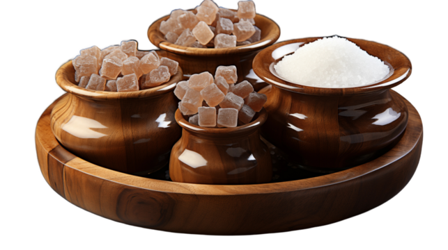 Brown Sugar and Salt Gourmet Food Display, Wooden Bowls for Sweet and Salty Themes, isolated on transparent background.