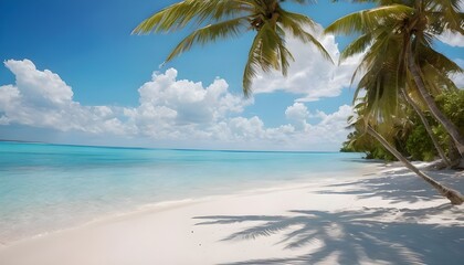A stunning tropical beach with crystal-clear turquoise waters, soft white sand, palm trees gently swaying, and warm sunlight reflecting on the ocean.