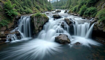 Fototapeta premium Tranquil Waterfall in Lush Green Forest
