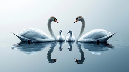 Obraz premium Majestic swan family on serene water, reflecting beauty.
