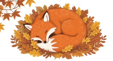 Sleeping Fox in Autumn Leaves