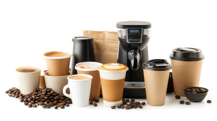 Coffee set vector coffeemachine with coffeecups for hot espresso or cappuccino and beverages with caffeine in plastic cups takeaway in coffeeshop illustration isolated on white background