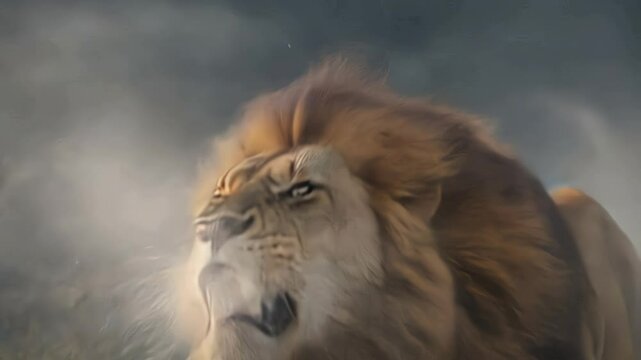 Majestic lion roaring loudly against a dramatic cloudy sky.