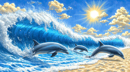 Fototapeta premium Dolphins surfing ocean wave, sunny beach, playful marine mammals, summer vacation poster