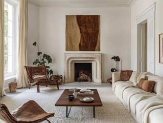 A modern living room with fireplace and cozy furniture