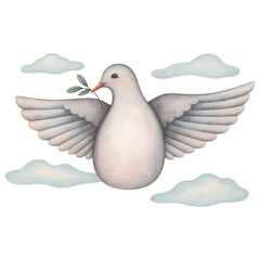 Obraz premium easter element, hand painted dove holding olive branch symbolizes peace and hope, surrounded by soft clouds