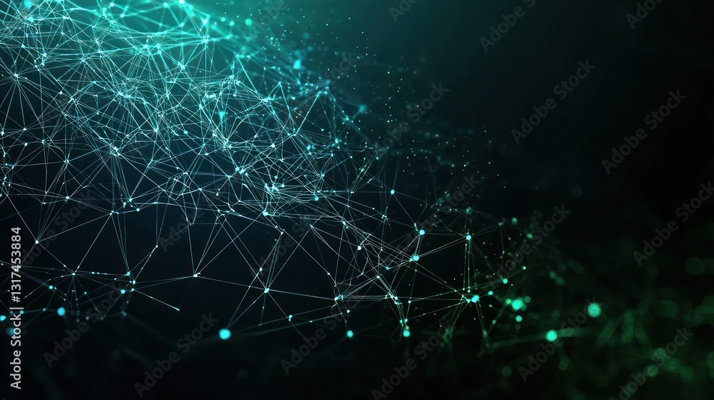 Poster abstract green and blue network data visualization with geometric connections in dark background