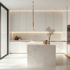 Modern minimalist kitchen design with white cabinets and marble island
