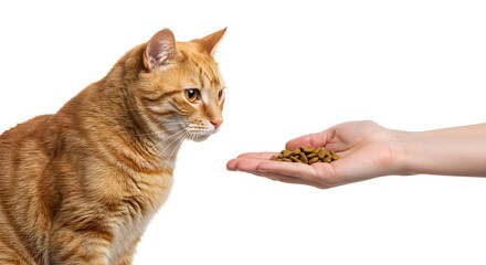 Hand holding cat food, cat's face on the left side of the picture looking at the hand with dry pet food, isolated on a white background.