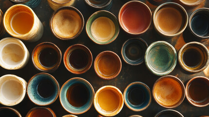 Coffee cups assortment top view collection vector illustration.