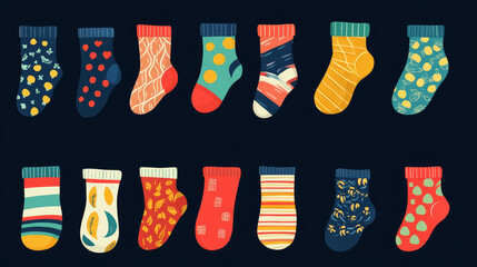 Flat design colorful socks set vector illustration selection of various cotton foot warm cloth