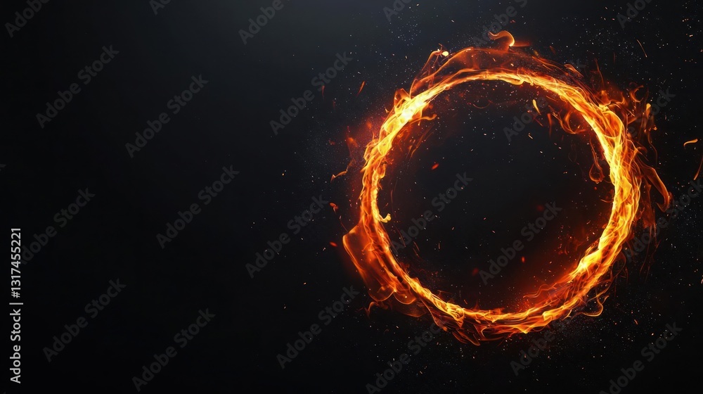 Poster glowing orange ring of fire with particle effects against a dark black background representing energ